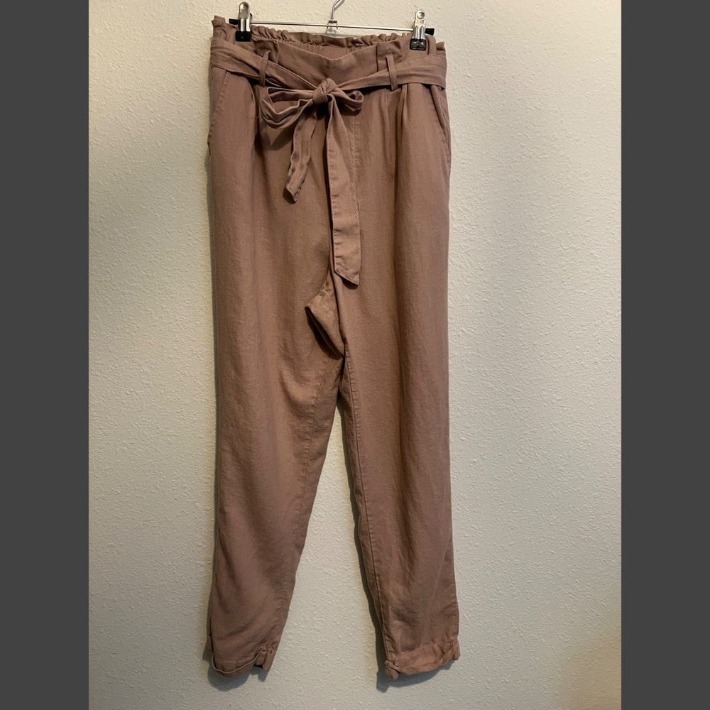 #1608 LOVE TREE Pink Linen High Rise Paperbag Belted Pants medium
